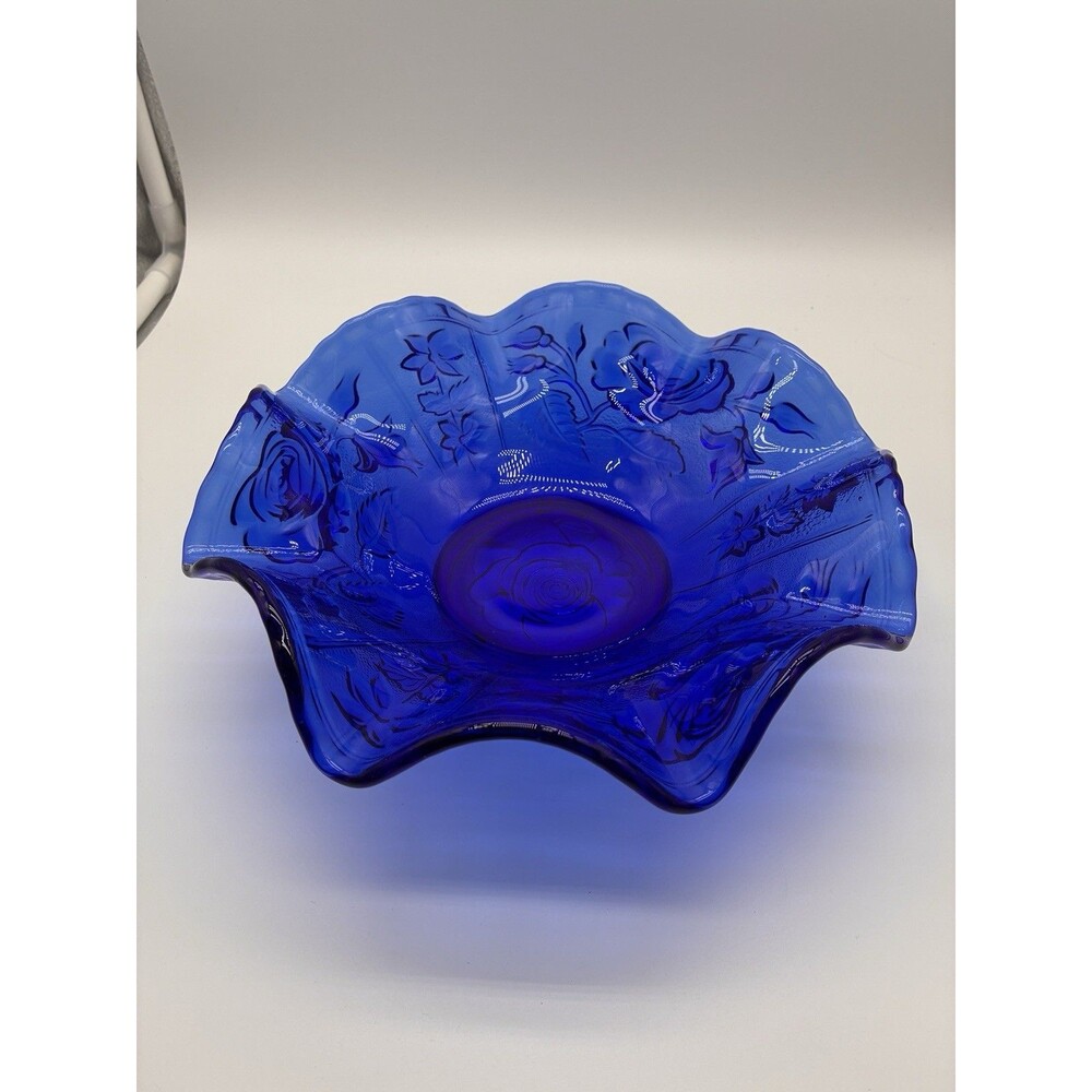 Vintage Cobalt Blue Pressed Glass Bowl Featuring A Rose Pattern Around & Bottom